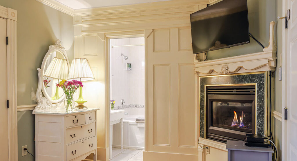 St Saveur fireplace and TV